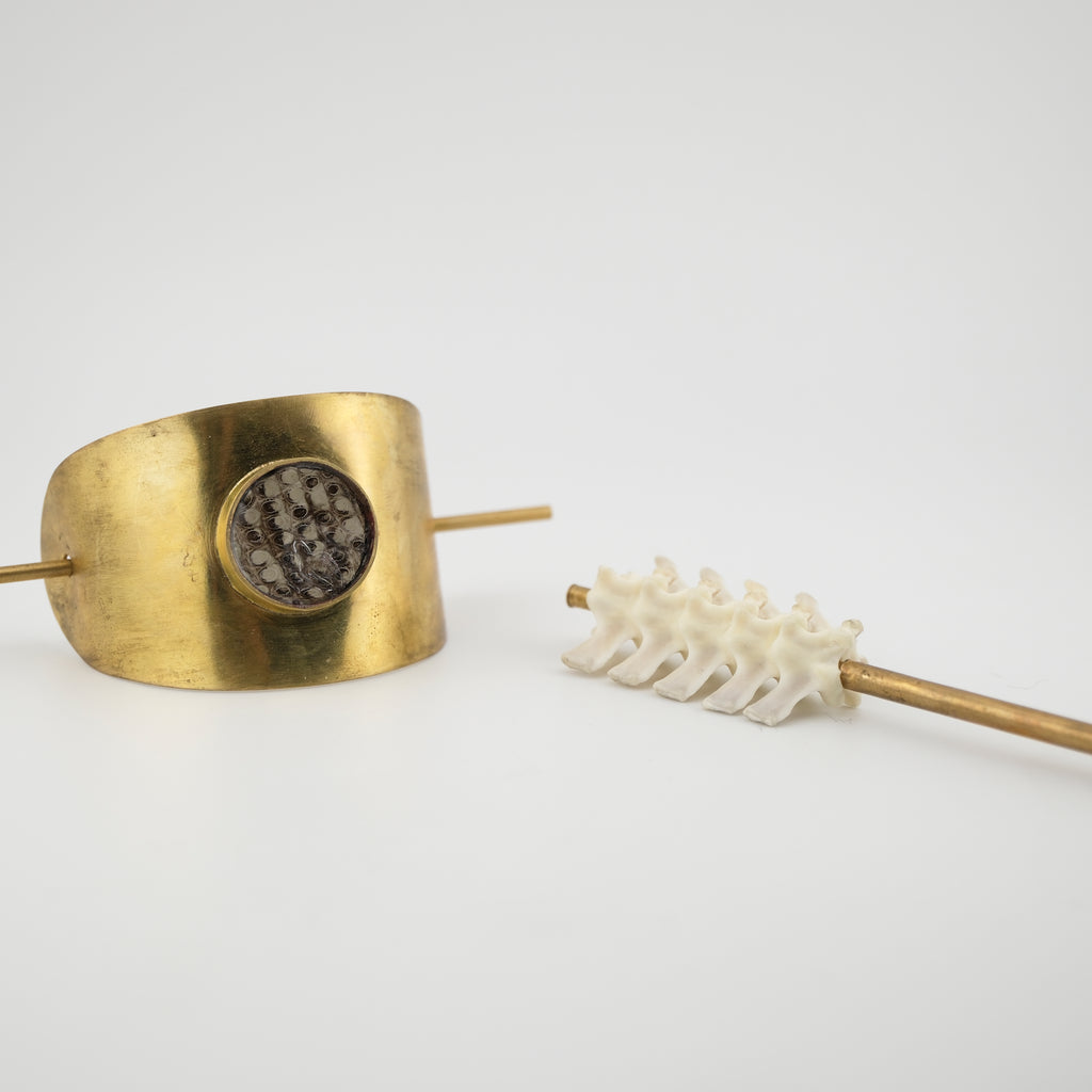Brass curved hair cuff with brass hair pin with vertebrae against a white background.