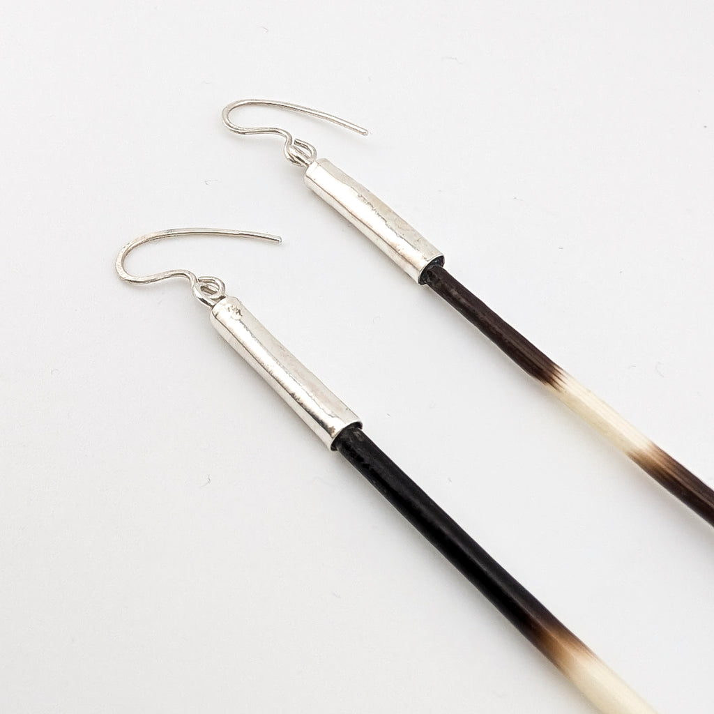 Pair of earrings with brown and white porcupine quills on a white background