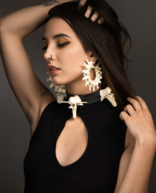 real bone jewelry, model wearing snake vertebrae bone earrings, snake earrings, snake bone earring, snake bone earrings, bone choker, bone art